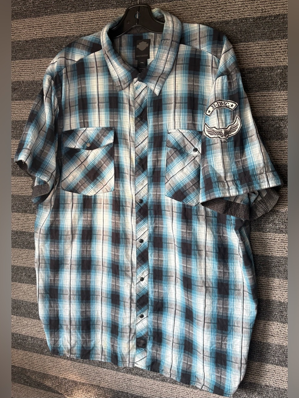 Harley-Davidson Blue and Black Plaid Short-Sleeve Button-Down Shirt Men’s 3XL